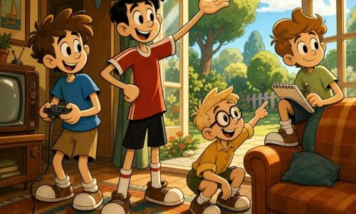 Four 9-year-old boys in a bright living room opening onto a garden: Ben—messy brown hair, bright blue T-shirt and khaki shorts—holds a game controller near the living room door, glancing between the turned-off screen and the window; Max—tall, short black hair, red soccer jersey—stands center smiling with a raised hand as if suggesting going out; Leo—blond crew cut, round glasses, mustard-yellow shirt—crouches by the right sofa pointing toward the garden; Sam—soft features, light brown hair, light green T-shirt—sits on the sofa arm holding a small sketchbook, looking at the window. Vintage sofa, geometric rug, old TV on a wooden stand, open window revealing green lawn, round-leaf trees and blue sky. The boys decide to turn off the console and play outside; the controller sits on the table, warm sunlight floods in, they exchange conspiratorial smiles before heading out in a dynamic, saturated, retro cartoon style with soft shadows and rounded, exaggerated gestures.