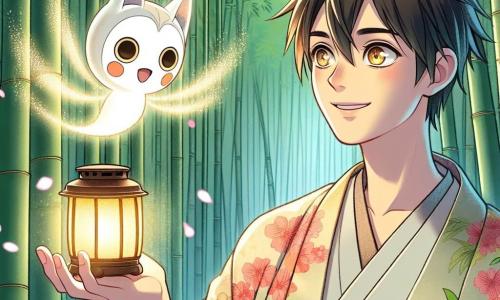 In the foreground, a man named Hiroshi, in his thirties, stands with a warm smile on his face. He has short black hair, sparkling curious eyes, and wears a traditional kimono with floral patterns. He holds an enchanted lantern that emits a soft golden light, illuminating his face with a magical glow. Beside him, a kodama, a small forest spirit, appears as a delicate creature with bright eyes and translucent skin. It floats slightly above the ground, surrounded by an ethereal aura, and seems to whisper secrets to Hiroshi. The setting is a lush Japanese forest, with tall bamboo swaying gently in the wind, creating a natural tunnel. Cherry blossoms fall like snowflakes, adding touches of pink to the vibrant green leaves. The main scene shows Hiroshi, in awe, listening to the kodama as it reveals the mysteries of the forest, while the lantern lights the path ahead, promising a magical adventure to come.