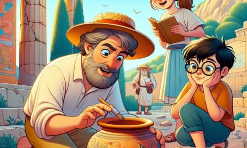 A man, Dr. Thomas Carter, is kneeling on the ground, wearing a wide straw hat and a dusty beige shirt. His face shows intense excitement, with curious eyes as he uncovers an ancient clay pot. Next to him is a young girl, Sofia, about 12 years old, with brown hair in a ponytail, observing the pot with a delighted smile while holding a small notebook. A boy, Nikos, 11 years old, with black hair and round glasses, stands slightly back, holding a map and taking notes with a focused expression. The setting is an ancient Minoan ruin, featuring weathered stone walls, marble columns, and remnants of colorful frescoes depicting maritime scenes. Green plants and olive trees line the site, under a bright blue sky illuminated by the sun. The main scene shows Dr. Carter gently brushing dirt around the pot, while Sofia and Nikos watch in fascination, sharing a moment of discovery and wonder at the treasures of the past.