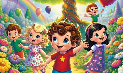In an enchanted garden, a little boy named Timmy (about 6 years old, with curly brown hair, wearing a red t-shirt and blue shorts) stands in the center, smiling with excitement. To his left, Lucy (a 5-year-old girl with blonde pigtails and a pink floral dress) raises her arms in the air, full of enthusiasm. On the right, Benny (a 7-year-old boy with glasses and brown hair, wearing a green t-shirt) is reaching for a large red balloon floating above him. Finally, Sarah (a 6-year-old girl with black hair in a purple dress) leans down to pick up sparkling flowers, her eyes shining with joy. The garden is filled with colorful flowers in shades of blue, yellow, and pink, with butterflies flying around. In the background, a majestic tree stands with its branches laden with multicolored balloons. The scene shows Timmy and his friends preparing a surprise for Mother's Day, surrounded by magical flowers and laughter, with a large colorful cake decorated with sparkling flowers placed on a wooden table.