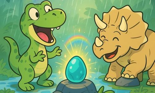 Een glimlachende jonge Tyrannosaurus rex met lichtgroene vlekken staat op zijn achterpoten met de staart in balans en zingt blij naar een grote glanzende turkooizen magische steen; naast hem staat een robuuste triceratops genaamd Rex met crème pantser en beige hoorns, eerst fronsend maar nu bewonderend, de poot op een rots, terwijl de steen zacht gloeide en lichte ringen en gouden vonkjes uitstraalde, op een klein mysterieus eiland met nat glimmend gesteente, lichtblauwe waterplassen, groene varens, roze bloemen en een lichte nevel die opscheert, en het moment waarop door de steen regen begint te vallen, lichtstralen door de mist schijnen en een kleine regenboog boven de steen verschijnt.