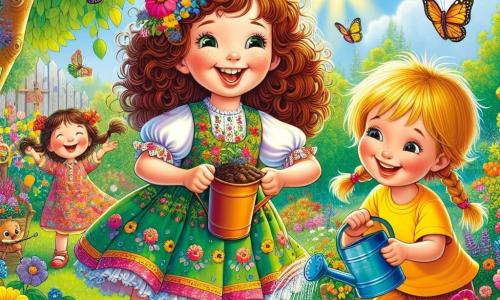 Osiemletnia dziewczynka, Maja, z brązowymi, kręconymi włosami, ma na sobie kolorową sukienkę w kwiaty. Radośnie się uśmiecha, jej oczy błyszczą z ekscytacji, gdy sadzi nasiona w ogrodzie. Obok niej jest jej najlepsza przyjaciółka, Kasia, również ośmioletnia, z warkoczami blond włosów i żółtą koszulką. Trzyma konewkę i z szerokim uśmiechem patrzy na Maję, gotowa jej pomóc. Nieco dalej Tomek, siedmioletni chłopiec z rozczochranymi brązowymi włosami, obserwuje dziewczynki trzymając małe wiaderko z ziemią, nie mogąc się doczekać, aby dołączyć do sadzenia. Ogród jest magicznym miejscem, pełnym kolorowych kwiatów kwitnących w promieniach słońca. Motyle tańczą w powietrzu, a ptaki radośnie śpiewają w zielonych drzewach. Główna scena przedstawia Maję i jej przyjaciół, którzy razem sadzą kwiaty, dzieląc się śmiechem i radością, odkrywając magię wiosny.
