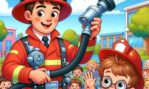 Un bombero llamado Carlos está en el centro de la imagen. Sonríe ampliamente, lleva un uniforme rojo brillante con un casco reluciente y sostiene una manguera grande en sus manos. Sus ojos brillan de entusiasmo y determinación mientras le enseña a los niños cómo usar la manguera. A su lado, Juanito, un niño de 8 años con cabello castaño desordenado y gafas redondas, lleva un casco de bombero demasiado grande para él. Sonríe con asombro, mirando a Carlos con admiración. En el fondo, un grupo de niños de entre 7 y 9 años observa atentamente, algunos aplauden y otros toman notas en pequeños cuadernos. La escena ocurre en el patio de una escuela, rodeado de muros coloridos y juegos infantiles, con árboles verdes y un cielo azul claro que añaden a la alegría del ambiente. Carlos demuestra cómo apagar un fuego imaginario con la manguera, mientras los niños lo escuchan cautivados por su carisma y energía.