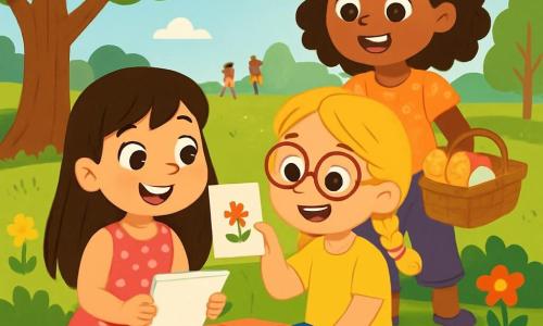 Há 3 personagens: - Sofia: uma menina de 7 anos, com longos cabelos castanhos e olhos brilhantes. Ela usa um vestido rosa com bolinhas brancas e segura um caderno de desenho nas mãos. Está sentada na grama, cercada por suas amigas. - Lúcia: uma menina de 7 anos, com cabelos loiros trançados e óculos redondos. Ela veste uma camiseta amarela e um short de jeans. Está ao lado de Sofia, mostrando um desenho que fez. - Clara: uma menina de 7 anos, com cabelos cacheados e uma franja pequena. Ela usa uma blusa de flores e uma calça roxa. Está em pé atrás de Sofia e Lúcia, sorrindo e segurando uma cesta de piquenique cheia de biscoitos e suco. O cenário é um parque verdejante, com árvores majestosas e folhas brilhantes. Há um grande gramado onde as crianças brincam, flores coloridas ao redor e um céu azul claro com algumas nuvens brancas. A cena mostra as três amigas sentadas na grama, compartilhando um piquenique alegre, rindo e contando histórias, enquanto o sol brilha em seus rostos sorridentes, criando uma atmosfera calorosa e amigável.