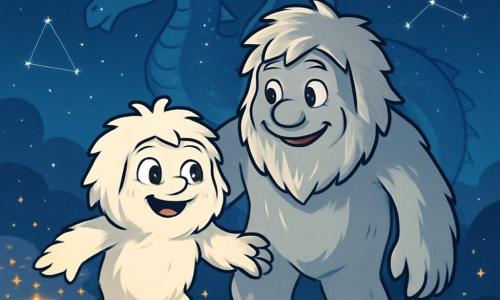 Un tânăr yeti pe nume Tika, cu blană albă și pufoasă, ochi strălucitori de curiozitate și un zâmbet uimit, merge cu prudență pe un drum de stele scintilante. Lângă el, un yeti mai mare pe nume Raku, cu blană argintie și ochi călduroși, îl observă cu un zâmbet încurajator, pregătit să-l ajute în această aventură. Fundalul este un cer nocturn magic, plin de un ocean de stele luminoase, unde constelațiile strălucesc ca diamante pe un fundal albastru profund. În fundal, se profilează silueta majestuoasă a unui dragon antic, cu solzi strălucitori și aripi desfăcute, creând o atmosferă de mister și uimire. Tika și Raku, uniți în căutarea lor, se află față în față cu această creatură majestuoasă, pregătiți să folosească puterea lor pentru a aduce pace și lumină în acest univers fermecat.