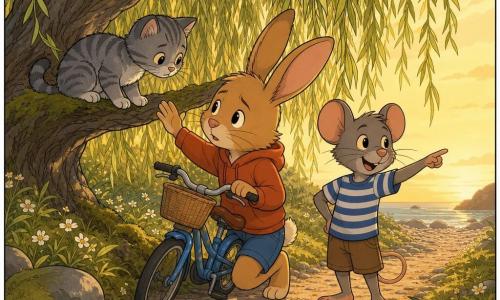 Beni, un giovane coniglio antropomorfo dal pelo nocciola, orecchie lunghe e occhi rotondi, dall'espressione coraggiosa ma timida, è accovacciato vicino a una piccola bici blu con cestino; Milo, un amico topo umanoide in maglietta a righe, sta in piedi sorridendo e indica il percorso per aiutare; il gattino Lino, grigio tigrato con grandi occhi preoccupati, è su un ramo basso di un salice mentre Beni gli tende la mano per rassicurarlo; il sentiero è ombreggiato da salici dalle foglie pendenti, con muschio, piccole fioriture bianche, alcune pietre lisce e una spiaggia di ciottoli in lontananza; scena calda e estiva di aiuto reciproco con luce dorata serale e bicicletta inclinata.