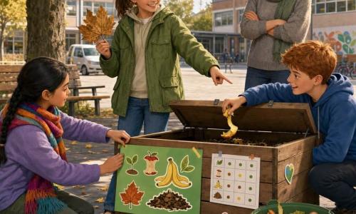 Clara, niña de 12 años, sonríe decidida, cabello castaño recogido en coleta, chaqueta verde, vaqueros y zapatillas manchados de tierra; sostiene una hoja seca grande y señala con la otra un pequeño compostador de madera. Nico, niño de unos 12 años, pelo corto y pelirrojo, expresión entusiasta, con sudadera azul, agachado a la derecha de Clara depositando una cáscara de fruta. Lidia, niña de unos 12 años, pelo negro en trenza, mirada concentrada, con bufanda colorida, a la izquierda pegando un cartel ilustrado al compostador. La profesora Vega, mujer de unos 35 años, pelo corto grisáceo, sonrisa amable, observa con los brazos cruzados junto a un banco de madera. Lugar: patio escolar con suelo adoquinado, árbol grande con hojas caídas; compostador de madera con tapa, cartel hecho a mano y tabla de seguimiento; al fondo vehículos y edificios escolares. Detalles: pegatinas, cinta adhesiva, restos de fruta, textura de madera y hojas crujientes. Estilo visual: colores saturados pero suaves, contrastes limpios, sombras suaves y detalles nítidos.