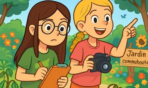 Há 2 personagens principais: - Ana: uma menina de 11 anos, com longos cabelos castanhos e óculos redondos. Ela usa uma camiseta verde com um padrão de folha e um short de jeans. Ana está em pé, segurando um bloco de notas e um lápis, olhando atentamente ao seu redor. - Sofia: uma menina de 11 anos, com cabelos loiros trançados e um sorriso radiante. Ela usa uma camiseta rosa e uma calça leve. Sofia está ao lado de Ana, segurando uma câmera e apontando para um canto do jardim. O cenário principal é um vibrante jardim comunitário, cheio de flores coloridas, árvores frondosas e pequenos caminhos de cascalho. Ao fundo, há um grande painel de madeira indicando 