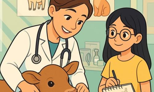 A veterinarian in her thirties with brown hair in a bun wears a bright white coat and a stethoscope around her neck. She has a warm smile and sparkling empathetic eyes as she gently leans towards a small calf named Juniper, who has light brown fur and curious eyes. Next to her, an 11-year-old girl named Noor, with black hair and round glasses, watches with fascination while holding a notebook filled with animal sketches. The scene takes place in a bright veterinary clinic with pastel green walls adorned with animal posters. Sunlight filters through the windows, illuminating the neatly arranged veterinary instruments on a table. The veterinarian examines the calf, which is determinedly drinking from a bottle, while Noor takes notes with a focused and joyful expression. The main situation highlights the tender bond between the animal and the veterinarian, symbolizing compassion and care in the animal world.