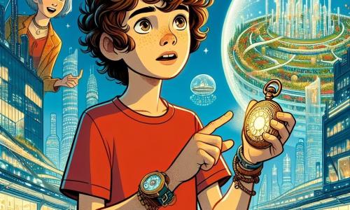 Un chico de 11 años, llamado Jaime, está en el centro de la imagen, con cabello castaño desordenado y ojos brillantes de curiosidad. Lleva una camiseta roja y un pantalón corto azul, sosteniendo un antiguo y misterioso reloj de bolsillo dorado en sus manos, con una expresión de asombro y determinación. A su lado, una niña de 10 años, Lexi, tiene el cabello corto y plateado, vestida con un vestido futurista de colores vivos. Ella sonríe alegremente, señalando un edificio brillante al fondo, como si guiara a Jaime en este nuevo mundo. El escenario es una ciudad futurista, con rascacielos de vidrio brillante, vehículos flotantes en un cielo azul claro y jardines colgantes en las fachadas de los edificios. Las calles son animadas, con personas y robots interactuando armoniosamente, creando una atmósfera vibrante y llena de vida. La situación principal muestra a Jaime y Lexi explorando juntos esta increíble ciudad, maravillados por las tecnologías avanzadas y las innovaciones ecológicas que los rodean, mientras descubren cómo las decisiones del pasado han dado forma a este futuro brillante.