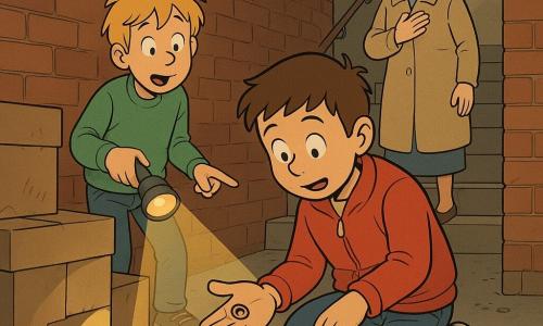 Drie personen: jongen 9 jaar Sam — kort bruin haar, rode jas en spijkerbroek, geknield op de voorgrond, houdt een glanzend metalen deurbeslag/ring in zijn handpalm en kijkt er verwonderd naar; jongen 9 jaar Tom — warrig blond haar, groen sweatshirt, staat iets achter Sam links met een brandende zaklamp die een donker hoekje verlicht en wijst naar de stapel dozen waar de sleutels liggen; vrouw 65 jaar mevrouw Jansen — grijs haar in een knot, beige mantel, bovenaan de trap rechts achter de jongens, hand op haar hart, opgelucht en glimlachend. Locatie: kleine oude stoffige kelder van een flat met rode bakstenen muren, betonnen vloer, stapels versleten dozen en een oude houten plank, een deels geopende roestige metalen deur laat licht vanuit de gang binnenvallen. Situatie: de twee jonge speurders vinden achter een doos een paar versleten sleutels; de zaklamp werpt een gele cirkel op de glimmende sleutels, kruimels vormen een klein pad op de vloer; blije en opgeluchte gezichten, duidelijke compositie, warme kleuren en scherpe contrasten.