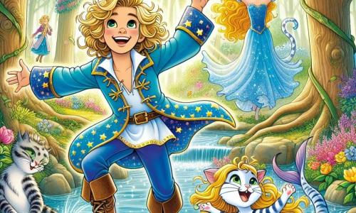 Un principe coraggioso, Leo, di circa 10 anni, con capelli biondi ricci e un sorriso splendente, danza gioiosamente accanto a un ruscello scintillante. Indossa una tunica blu decorata con stelle dorate e stivali di pelle. Accanto a lui, un gatto vivace, con occhi verdi scintillanti e pelliccia a strisce, fa delle piroette ridendo, aggiungendo un tocco di magia alla scena. Non lontano, una sirena dai lunghi capelli ondulati e brillanti, vestita con una coda di pesce iridescente, canta allegramente mentre galleggia nell'acqua chiara, pronta a unirsi alla loro danza. Lo scenario è una foresta incantata, con alberi maestosi dai tronchi spessi, fiori colorati che sbocciano intorno a loro e raggi di sole che filtrano tra le foglie, creando un'atmosfera fiabesca. La scena principale mostra Leo e i suoi amici che ballano insieme, ridendo a crepapelle, mentre la sirena, in un momento di gioia, scivola e cade in acqua, provocando una risata generale.