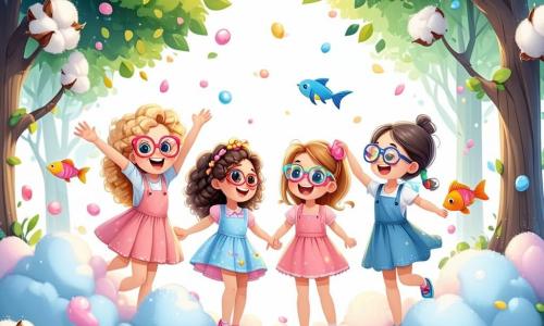 In un parco incantato dai colori vivaci, quattro ragazze di nove anni stanno insieme, circondate da alberi con foglie di zucchero filato. **Sara** ha i capelli ricci e dorati, sorride e danza gioiosamente su una nuvola di panna montata, con le braccia alzate. **Martina**, con gli occhiali colorati e le trecce, ride di gusto mentre tiene un pesce di plastica, pronta a scatenarsi in una danza stravagante. **Giulia**, con una maglietta a motivi di puzzle, si piega in avanti, ridendo mentre cerca di mangiare un gelato gigante con il naso. **Alessia**, che usa una sedia a rotelle decorata con adesivi colorati, applaude entusiasta, con gli occhi brillanti di gioia. Il cielo è di un viola splendente, costellato di stelle scintillanti, e una grande torta parlante, con occhi tondi e un sorriso dolce, si trova accanto a un drago danzante che sputa coriandoli multicolori. La scena rappresenta il momento in cui le quattro amiche si preparano ad affrontare la sfida del "Gioco Assurdo", circondate da risate e magia, pronte a vivere un'avventura incredibile in questo mondo stravagante.