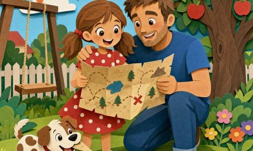 An 8-year-old girl, happy and mischievous, light-brown pigtails, bright round eyes, wearing a red polka-dot dress and yellow sneakers, holds a large folded parchment like a treasure map; a father in his 40s with a short beard, smiling, in a blue t-shirt and jeans kneels beside her with his arm around her to read the map; a small white-and-brown spotted puppy tugs at the map near the girl's feet; setting: sunny backyard with green lawn, wooden swing, colorful bunting and a large apple tree, layered cut-paper textures and soft shadows; scene: the family discovers the final clue in a Father's Day treasure hunt, joyful expressions, centered composition, bright colors and simple shapes in a childlike cut-paper style with warm morning light.
