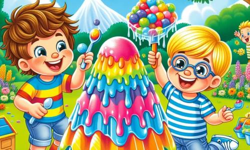 Un niño de 8 años, Lucas, con el cabello castaño desordenado y ojos chispeantes de travesura, está disfrutando de una montaña de helado multicolor, su rostro radiante de alegría y emoción. A su lado, su amigo Leo, un niño de 8 años con cabello rubio y gafas redondas, lo anima con una gran sonrisa, sosteniendo una pequeña pala de juguete. El escenario se encuentra en un parque soleado, lleno de flores coloridas y risas de niños, con una gran montaña de helado de tonos vivos, como un arcoíris, que se derrite ligeramente bajo el sol. La escena muestra a Lucas pescando bolas de helado con una gran cuchara, mientras ríos de helado colorido fluyen a su alrededor, creando un ambiente alegre y juguetón.