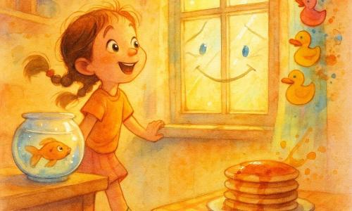 A radiant, curious 6-year-old girl named Millie with big bright eyes, bouncy braids and mismatched pink and green socks stands on tiptoe with a hand on a ledge, gazing at the window with a mischievous smile; to her left on the table is Mr. Splish, a goldfish in a round bowl with bubbles and light reflections; an anthropomorphized, slightly crooked old window with crack-like wrinkles and a gentle smile sits center background; a row of colorful rubber ducks parades down a curtain to the right, one wearing a small hat; the warm, messy kitchen-living room has a wooden table with a stack of pancakes on a checkered cloth, scattered toys, golden morning light, wood textures, syrup splashes and crumbs; close composition with a slight low angle to magnify Millie, dominated by warm yellows, oranges and pinks with cyan accents for the bowl and soft watercolor edges plus controlled splatters around the ducks and syrup.