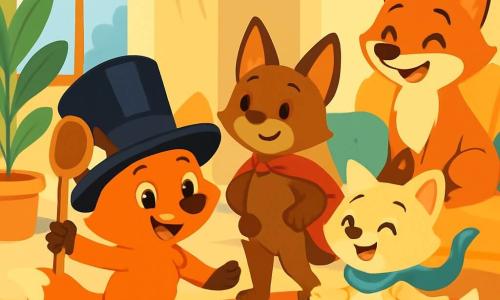 Milo, a clever little fox with bright orange fur and sparkling eyes, wears a shiny black hat and strikes a parade pose with a wooden spoon. His sister Mimi, with soft creamy fur, sports a swirling blue scarf and spins around joyfully. Their brother Max, with brown fur and large ears, dons a red towel as a cape and strikes a heroic pose next to Milo, grinning widely. The scene takes place in a cozy living room filled with colorful cushions, a large green plant in the corner, and a plush sofa. Sunlight filters through the window, casting a golden glow in the room. The three fox cubs are rehearsing their joyful parade, marching in line in their fun costumes, ready to show their performance to Mama Fox, who watches them with a big smile.