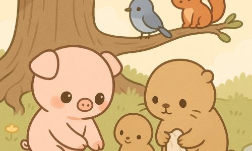 A pale pink fluffy pig kneels, placing a silver seed into dark soil while a round light-brown marmot with twitching whiskers tenderly watches, holding a crumpled silk beside it; a blue nightingale and a red squirrel stand calmly in the background on low roots and a nearby branch. The scene is at the base of a large ancient oak with gnarled roots, soft green grass, small yellow flowers and a sparkling stream, bathed in soft morning light and a pastel sky. It shows the planting of a 