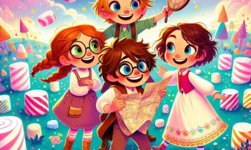 In a field of giant marshmallows, four children stand together, surrounded by bright colors and sweets. Felix, a 12-year-old boy with messy hair and round glasses, holds an old starry pillow, his eyes wide with wonder. Lila, an 11-year-old girl with braided brown hair and glasses, smiles while examining a map next to Felix, her arms crossed. Kai, also 12, has tousled blonde hair and a mischievous grin as he joyfully jumps, ready to leap onto a marshmallow. Molly, a 10-year-old girl with curly hair and a colorful dress, dances around them with her arms raised, full of joy. The scene is a fantastical landscape with a polka-dotted pink sky, marshmallow clouds, and candy trees sparkling in the sun. The ground is covered in fluffy marshmallows, and in the distance, a chocolate river flows gently. The main focus shows the children discovering a magical portal opening before them, emitting a bright blue glow, while marshmallow bubbles float around, creating an atmosphere of magic and adventure.
