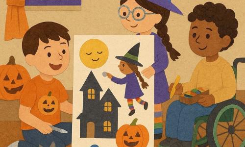Three children paint a large Halloween poster on the floor of a warm late-afternoon living room: Milo, about 8, with short brown hair and an orange pumpkin T‑shirt sits left holding a brush with silver paint and grinning; Lila, about 7, with long braided hair, sparkly glasses and a colorful witch hat stands center sticking a moon sticker; Sam, about 9, with curly hair in a wheelchair with green wheels sits right holding a box of crayons and painting a small pumpkin wagon; the poster shows a smiling haunted house, a sleepy moon, a witch with rainbow socks and a pumpkin on rollers; nearby a small grey cat, Mrs. Whiskers, watches and a blue ghost-shaped fingertip print appears at the poster’s lower corner; the cozy room has a rough soft rug, a wooden coffee table with scattered paint pots, orange curtains, a lit jack-o'-lantern lantern and a window with a purple starry sky; the artwork is a paper collage style with torn textured edges, layered colored papers, drawn stitches, bold simple lines and warm soft light.