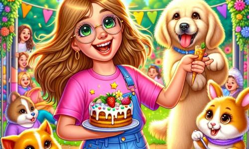 A 12-year-old girl with long brown hair and round glasses smiles joyfully while holding a colorful sign that says "Welcome to the Animal Café." She is wearing a pink t-shirt and denim shorts, surrounded by her animal friends. Next to her, a cheerful golden retriever with shiny golden fur and a hanging tongue is serving a slice of pizza to a child, looking enthusiastic and amused. A small rabbit with big ears, white fur, and brown spots is preparing a carrot cake at a small table, its eyes sparkling with concentration. The setting is a sunny garden filled with colorful flowers and string lights hanging from the trees, creating a festive and warm atmosphere. The scene depicts the joyful opening of an animal café, where children laugh and have fun while the animals busily serve delicious treats in a happy and friendly environment.