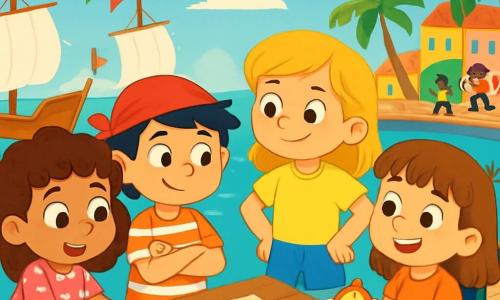 Há 4 personagens: Clara, uma menina de 5 anos com cabelos cacheados e castanhos, vestindo um vestido rosa com bolinhas brancas, curiosa e olhando ao redor com olhos brilhantes; Sofia, uma menina de 5 anos com cabelos loiros e lisos, usando uma camiseta amarela e um short de jeans, de pé com as mãos na cintura, pronta para explorar; Mia, uma menina de 5 anos com cabelos castanhos e franja, sentada em uma cadeira de rodas decorada com flores coloridas, sorrindo alegremente e segurando uma bússola que brilha em sua mão; e Pedro, um menino de 5 anos com cabelos negros bagunçados, usando um bandana vermelho e uma camisa listrada, ao lado de Clara, com os braços cruzados, parecendo amigável mas um pouco tímido. O cenário é um porto colorido, com barcos de madeira de velas brancas flutuando suavemente em água turquesa, bandeirinhas coloridas balançando ao vento e palmeiras verdes se movendo com as ondas. Na cena principal, os quatro amigos estão reunidos, examinando um mapa do tesouro em uma mesa de madeira. Clara aponta para uma ilha misteriosa, enquanto Sofia e Pedro trocam sorrisos cúmplices. Mia, com sua bússola cintilante, parece pronta para guiar seus amigos na aventura.