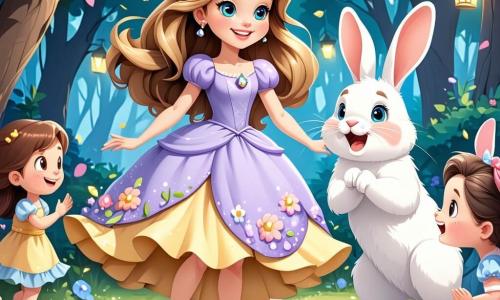 A princesa Lili, uma menina de cerca de 8 anos com longos cabelos dourados e um vestido colorido adornado com flores, está no centro do palco, com os olhos brilhando de excitação e um grande sorriso no rosto. Ela dança alegremente, cercada por seus amigos. À sua direita, Pipo, um coelho travesso com grandes orelhas e pelagem branca, salta animadamente, com os olhos brilhando de malícia. À sua esquerda, Caco, um sapo verde com manchas amarelas, tenta fazer uma pirueta, mas cai em um monte de flores, fazendo todos rirem. Ao fundo, uma montanha mágica se ergue majestosa, coberta de flores coloridas e grandes árvores com folhas cintilantes. O céu é de um azul radiante, salpicado de nuvens brancas e fofas, e fadas com asas brilhantes dançam ao redor, adicionando um toque de magia à cena. A situação principal mostra Lili e seus amigos celebrando uma festa alegre neste reino encantado, cheios de risadas e felicidade, enquanto dançam juntos sob o sol radiante.