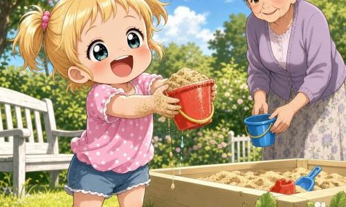 Ein etwa zweijähriges Mädchen, fröhlich und lächelnd, mit kurzen blonden Zöpfchen und strahlenden Augen, spielt barfuß im Gras und hält einen kleinen roten Eimer voller Sand, die Hände sandig, der Eimer fast umgekippt, ein Sandkorn oder Wassertropfen fällt; im Hintergrund steht liebevoll die Großmutter (ca. 70 Jahre) mit grauem Dutt, hält einen weiteren Eimer und schaut zärtlich; heller Sommergarten mit grünem Rasen und gelben Blumen, beigem Sandkasten, weißer Holzbank und Erdbeerpflanzen mit kleinen roten Früchten, warme Sonne, weiche Schatten, ruhige einladende Atmosphäre.
