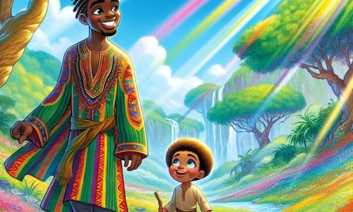 Kwame, un tânăr cu un zâmbet strălucitor și ochi plini de determinare, stă în centrul scenei. Poartă o tunică din țesătură colorată, decorată cu motive africane vibrante, iar părul îi este împletit cu grijă. Se uită în jur cu o expresie de speranță și curaj, pregătit să-și caute fratele. Lângă el, Kobi, un băiat de opt ani, cu părul creț și obrașe rotunzi, își admiră fratele. Poartă o tunică simplă și ține în mână un băț de lemn, simbol al inocenței și dorinței de aventură. Kobi stă puțin în spate, dar privirea lui este plină de încredere în Kwame. Scena are loc în minunata Vale de Timpului, un peisaj fermecător cu copaci măreți și frunze verzi strălucitoare, sub un cer albastru radiant. Razele soarelui filtrează printre crengi, creând modele de lumină dansante pe pământ. Flori colorate împânzesc solul, adăugând o notă de magie mediului. Kwame și Kobi se pregătesc să intre în pădurea misterioasă, unde îi așteaptă legende vechi și povești de familie. Aerul este plin de aventură și descoperire, în timp ce cei doi frați sunt pregătiți să înfrunte provocările ce îi așteaptă.