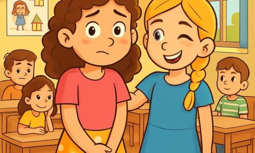 O fată de 10 ani, Maria, stă în centrul scenei, cu părul castaniu ondulat și ochii strălucind de nervozitate. Poartă un tricou roz aprins și o fustă cu buline, iar mâinile îi sunt încrucișate în față, trădând ezitarea. Lângă ea, cea mai bună prietenă Andreea, tot de 10 ani, are părul blond împletit și un zâmbet încurajator. Poartă o rochie albastră și îi face cu ochiul, pregătită să o susțină. Scena se desfășoară într-o clasă luminoasă, cu pereți decorați cu desene de copii și feronierii mari deschise lăsând să intre lumina soarelui. Băncile din lemn sunt aranjate în semicerc, iar postere colorate pe tema învățării împodobesc pereții. Maria se pregătește să vorbească în fața colegilor săi, fața ei exprimând o combinație de entuziasm și neliniște. Ceilalți elevi, așezați pe scaune, o observă cu curiozitate, unii șoptind între ei, în timp ce alții zâmbesc prietenos, creând o atmosferă atât de tensionată, cât și încurajatoare.