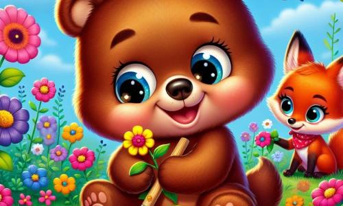 Benny, ein kleiner brauner Bär mit funkelnden Augen und einem fröhlichen Lächeln, pflanzt eine leuchtend gelbe Blume in einem bunten Garten. Er sitzt auf seinen Hinterbeinen, mit einer kleinen Holzschaufel in seinen Vorderpfoten, und zeigt eine Ausdruck von Aufregung und Stolz. Neben ihm beobachtet Lila, eine kleine Füchsin mit lebhaftem rotem Fell und großen neugierigen Ohren, staunend mit leuchtenden Augen, während sie eine Blume in ihrer Pfote hält. Der Garten ist voller bunten Blumen, schwirrenden Schmetterlingen und einem klaren blauen Himmel mit flauschigen weißen Wolken. Die Szene strahlt eine Atmosphäre des Glücks und der Kameradschaft aus und zeigt den magischen Moment, in dem die Freunde den Frühling feiern, indem sie gemeinsam Blumen pflanzen.