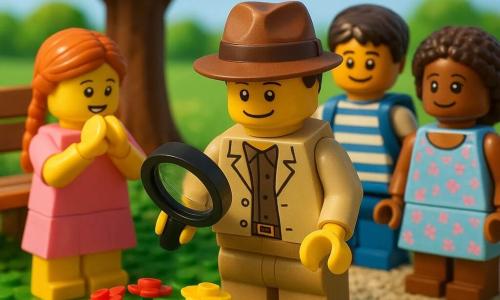 Ein LEGO-Diorama zeigt den Detektiv Max mit braunem Hut und beigem Mantel, lächelnd und konzentriert, mit Lupe gebeugt über ein Blumenbeet, aus dem er eine glänzende blau-grüne Murmel zieht; links auf einer Bank steht die etwa 7-jährige Lili mit langer Zopf, pinkem Kleid und strahlendem Gesicht, die Hände vor dem Mund, rechts leicht zurückversetzt der etwa 8-jährige Ben mit gestreiftem T‑Shirt und offenem Rucksack, erleichtert und schüchtern, und vom Kiesweg nähert sich die etwa 7-jährige Mia im geblümten Kleid schüchtern lächelnd; sonniger kleiner Park mit großem Laubbaum, Holzbank, buntem Blumenbeet aus LEGO-Tulpen und Gänseblümchen, grüner Rasen, klare Kiesallee, lebhafte Farben, warmes weiches Licht, sichtbare Steintexturen, Nahaufnahmen auf Gesichter und Murmel.