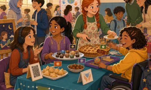 There are four girls, about 11 years old: a South-Asian tan-skinned girl with black straight hair in a ponytail seated center-left, smiling and holding a small tray of date-balls decorated like mini planets; a fair European girl with red braided hair standing behind the table at right, warm expression, cutting and offering a slice of apple cake; a Latina with short curly hair seated front-right in a wheelchair, laughing and reaching toward a 