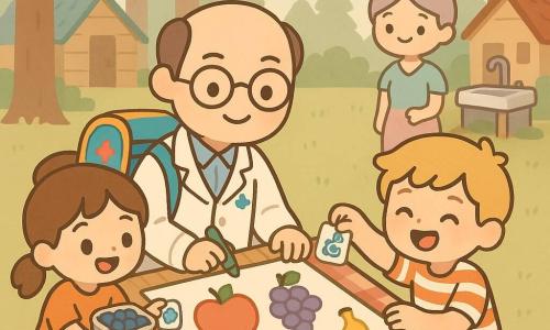 A smiling, kind male doctor, Dr. Sam, with round glasses, a lightweight white jacket and a colorful medical backpack draws a giant poster of fruits with markers on a picnic table while a cheerful 9-year-old girl, Mia, with brown pigtails holds a punnet of blueberries and adds stickers to the left of him, a laughing 10-year-old boy, Ben, with blond hair and a striped t-shirt sticks a drawing of a mustachioed banana to his right, and a nurse, Mrs. Holly, about 35 with gray-pink tied hair and a pastel smock watches and smiles from near an outdoor sink; the setting is a summer camp clearing under tall pines with a weathered wooden table, checkered cloth, scattered cookies and fruit baskets, warm late-afternoon light, and a joyful, colorful workshop atmosphere where the doctor creates “super-fruits” on a giant poster with bright colors, simple rounded shapes, a pastel sky and light raindrops on distant roofs.