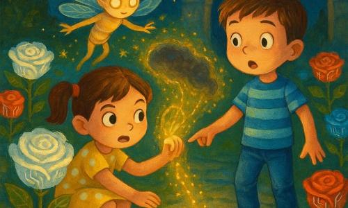 Hay tres personajes: Lía, niña de 6 años, coletas castañas, vestido amarillo con lunares blancos y zapatos rojos, agachada a la izquierda delante de una gran rosa blanca, concentrada, sujeta la mano de Nico y eleva una pulsera luminosa; Nico, niño de 6 años, pelo corto castaño, camiseta azul a rayas y vaqueros, de pie a la derecha, sorprendido pero valiente, toma la mano de Lía y señala una línea de migas de luz en el suelo; Fórix, pequeña criatura guardiana de luz y metal con alas transparentes, antenas finas y ojos luminosos, flota detrás guiando y emite chispas doradas. Lugar: una rosaleda fotónica nocturna con rosas de pétalos translúcidos rojos, azules y dorados con circuitos plateados visibles, piedras cubiertas de musgo, un gran arco de piedra grabado con símbolos luminosos y un sendero de cristal con estrellas reflejadas. Situación: los niños realizan una danza sencilla (1-2-3-4-5) para compartir su luz y apaciguar una pequeña nube gris que se disuelve mientras las pulseras proyectan hilos dorados que la envuelven y las rosas centellean; composición centrada, colores cálidos, contrastes suaves, estilo acrílico infantil, trazos definidos y expresiones cálidas.