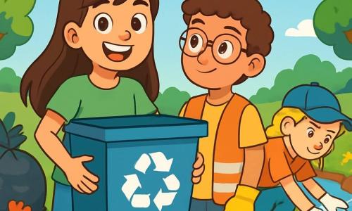 Una niña de 12 años, Lucía, con largos cabellos castaños y ojos llenos de determinación, lleva una camiseta verde y un short de mezclilla. Sonríe con entusiasmo mientras sostiene un gran contenedor de reciclaje, lista para recoger basura. A su lado, Diego, un niño de 12 años con cabello rizado y gafas, lleva un chaleco de seguridad naranja y sostiene un par de guantes, mirando a Lucía con admiración. Valeria, otra niña de 12 años con cabello rubio y una gorra, está agachada cerca del arroyo, recogiendo basura con una expresión concentrada. El lugar es un hermoso arroyo rodeado de árboles verdes, con flores coloridas en las orillas. El cielo es azul y soleado, creando un ambiente alegre y enérgico. La escena principal muestra a Lucía y sus amigos en acción, limpiando el arroyo, con bolsas de basura llenas de desechos a su lado, ilustrando su compromiso de proteger la naturaleza.