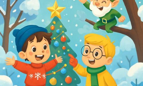 Er zijn 3 personages: - Sam: een 8-jarig jongen met rommelig bruin haar, gekleed in een rode trui met sneeuwvlokken en een blauwe muts. Hij staat links, met zijn armen wijd open, enthousiast lachend. - Tom: een 8-jarig jongen met blond haar en ronde bril, gekleed in een groene sjaal en een gele jas. Hij staat rechts van Sam en wijst naar de richting waar de kabouter zich verstopt. - Grappenmaker Kabouter: een kleine kabouter met een witte baard, gekleed in een felgroen kostuum en een puntige rode hoed. Hij zit op een tak boven de jongens, lachend en gooit een sneeuwbal. De locatie is een besneeuwde tuin, vol met glinsterende sneeuwvlokken die zachtjes vallen. Bomen met met sneeuw bedekte takken omringen de scène, en een grote stapel kerstversieringen schittert in het midden, met kleurrijke slingers en glinsterende ballen. De belangrijkste situatie toont Sam en Tom die op zoek zijn naar de kostbare kerstster, terwijl de Grappenmaker Kabouter hen plaagt met sneeuwballen. De gezichten van de jongens stralen van opwinding en lachen, wat de vrolijke kerstgeest vastlegt.