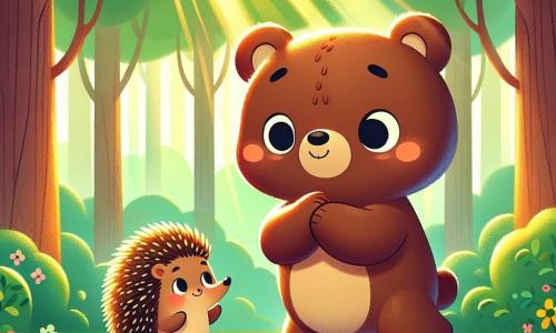 Un piccolo orso bruno, con un pelo morbido e occhi tondi brillanti di eccitazione, si trova al centro di una radura soleggiata, pronto a danzare. Ha un leggero sorriso sul volto, che mostra la sua nuova fiducia in sé, e le sue zampe sono leggermente piegate, come se stesse per fare un passo di danza. Accanto a lui, un piccolo riccio con aculei dorati e un sorriso incoraggiante lo applaude, le sue piccole zampe sollevate in segno di incoraggiamento. La scena si svolge in una foresta verdeggiante, circondata da grandi alberi con foglie brillanti e fiori colorati che punteggiano il terreno, mentre i raggi di sole filtrano tra i rami, creando un'atmosfera calorosa e accogliente. L'orso, con un'aria determinata e gioiosa, si lancia in una danza, mostrando così la sua fiducia recentemente acquisita davanti ai suoi amici.
