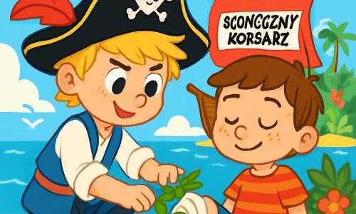 Kacper, młody pirat w wieku około 10 lat, ma rozczochrane blond włosy i szeroki uśmiech. Noszą czarny kapelusz piracki ozdobiony czerwoną piórkiem i białą koszulę z bufkami. Bandażuje nogę swojego przyjaciela, pokazując determinację i życzliwość na twarzy. Obok niego Marek, również 10-letni chłopiec, ma brązowe włosy i piegi na nosie. Siedzi na pokładzie statku z zamkniętymi oczami, wyrażając ulgę i wdzięczność, gdy Kacper mu pomaga. Miejsce to drewniany pokład Słonecznego Korsarza, pięknego statku pirackiego z czerwonymi żaglami, pływającego po błękitnym morzu z łagodnymi falami i mewami latającymi nad głową. W tle widać zieloną wyspę z palmami i kolorowymi kwiatami. Główna sytuacja pokazuje Kacpra opiekującego się Markiem, otoczonego członkami załogi, którzy z podziwem przyglądają się, podczas gdy słońce świeci wysoko na niebie, tworząc ciepłą i przyjazną atmosferę.