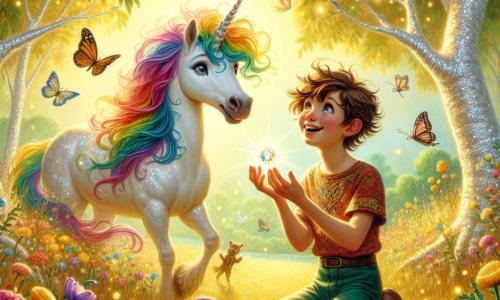 In una radura incantata, una magnifica unicorno di nome Lucilla si trova al centro dell'immagine, la sua criniera arcobaleno che fluttua dolcemente nel vento. Ha grandi occhi brillanti e un sorriso caloroso, esprimendo una gioia splendente mentre guarda un giovane ragazzo di nome Pippo. Pippo, un ragazzo di circa 8 anni, con capelli castani disordinati e occhi scintillanti di curiosità, è accovacciato vicino a Lucilla, tenendo una gemma luccicante tra le mani. Indossa una maglietta colorata e un pantaloncino, e il suo viso è illuminato dall'eccitazione per la loro scoperta. La scena si svolge in una radura immersa nella luce dorata, circondata da alberi con foglie d'argento che brillano al sole. Fiori multicolori danzano intorno a loro, e farfalle dalle ali iridescenti volano nell'aria, aggiungendo un tocco di magia all'ambiente. Lucilla e Pippo celebrano insieme la scoperta della gemma preziosa, un momento di felicità condivisa che simboleggia l'amicizia e l'avventura, mentre un vecchio gufo saggio li osserva da un ramo, aggiungendo un tocco di mistero alla scena.