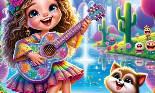 Una ragazza di 10 anni, Lalla, con lunghi capelli ricci e un grande sorriso luminoso, è al centro dell'immagine mentre suona una chitarra scintillante che emette note colorate. Indossa un vestito colorato decorato con motivi floreali e sandali, e il suo viso esprime una gioia contagiosa. Accanto a lei, Sir Baffo, una piccola volpe con un grande baffo simile a un pennello, la guarda con ammirazione, i suoi occhi scintillanti di malizia. È seduto su una pietra, leggermente inclinato verso Lalla, come se fosse pronto a incoraggiarla nella sua avventura. Lo sfondo è un paesaggio da favola, con un lago scintillante dai riflessi arcobaleno, circondato da fiori che ridono e alberi dai tronchi multicolori. In lontananza, montagne di caramelle si ergono sotto un cielo blu punteggiato da nuvole a forma di zucchero filato. La scena mostra Lalla mentre suona la chitarra per far ridere un cactus, mentre risate e note musicali fluttuano nell'aria, creando un'atmosfera magica e gioiosa, piena di colori vivaci e buon umore.
