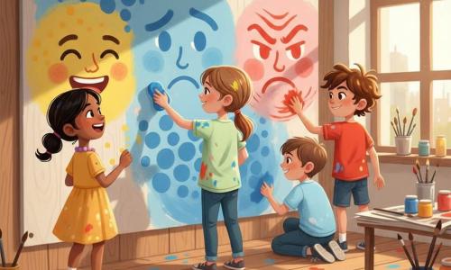 Ci sono quattro bambini di 9 anni: Sofia (bambina, capelli castani raccolti a coda, maglietta verde chiaro macchiata di pittura) al centro con una piccola spugna blu che crea texture a onde sul muro; Marco (bambino, capelli bruni scompigliati, maglietta rossa) a destra che, sorridendo timidamente, dà larghe pennellate rosse per la rabbia; Amina (bambina, capelli neri con una collana di perline colorate, vestito giallo) a sinistra che aggiunge piccoli punti gialli ridendo verso Sofia; Luca (bambino, capelli corti, camicia azzurro pallido) accovacciato dietro Sofia che sfuma un grande degradé blu per la tristezza. Luogo: laboratorio d'arte scolastico luminoso con un grande murale in legno dipinto, tavoli coperti di giornali, barattoli di vernice multicolore, pennelli sparsi e schizzi di pittura sul pavimento; una calda luce entra da una grande finestra. Situazione: i quattro dipingono insieme un grande muro con volti che esprimono emozioni diverse, cooperazione evidente, tutti sorridono, atmosfera conciliatrice, colori vivaci, stile acrilico infantile ma dettagliato.