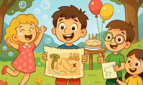 Ci sono quattro bambini: - Luca: un ragazzo di 9 anni con capelli castani disordinati e un grande sorriso. Indossa una maglietta blu e pantaloni rossi, e si trova al centro, tenendo una grande mappa del tesoro. - Sara: una ragazza di 9 anni con capelli ricci e biondi, vestita con un abito rosa a pois. È a sinistra di Luca, saltando di gioia con bolle di sapone che fluttuano attorno a lei. - Davide: un ragazzo di 9 anni con occhiali e capelli castani. Indossa una maglietta verde e pantaloni corti. È a destra di Luca, tenendo una mappa disegnata a mano e mostrando un percorso con entusiasmo. - Chiara: una ragazza di 9 anni con capelli lisci e castani, seduta sulla sua sedia a rotelle. Indossa una maglietta gialla e pantaloni di jeans. È leggermente indietro, sorridendo e ascoltando i suoi amici con un'espressione gioiosa. Il luogo è un parco verdeggiante, pieno di alberi e fiori colorati. Al centro, un grande tavolo è decorato con palloncini multicolori e una enorme torta di compleanno con candele scintillanti. Festoni di carta fluttuano nel vento, e bolle di sapone danzano nell'aria soleggiata. I bambini stanno preparando la festa di compleanno di Luca, ridendo e sorridendo, tutti entusiasti di iniziare la caccia al tesoro.
