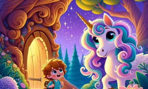 Uma magnífica unicórnio, Lila, está no centro da cena, com uma crina ondulante em cores pastel, brilhando sob a luz do sol. Seus grandes olhos expressam sabedoria e bondade, enquanto ela olha com esperança para um menino de sete anos, Lucas, que está ao seu lado. Lucas, com cabelos castanhos bagunçados, vestindo uma camiseta azul e um short verde, tem um sorriso maravilhado no rosto, segurando uma pequena mochila cheia de lanches. A cena ocorre em uma clareira encantada, rodeada de grandes árvores com troncos retorcidos e folhas brilhantes como esmeraldas. Flores coloridas em tons de rosa, roxo e amarelo dançam suavemente ao vento, enquanto um céu lilás pontilhado de estrelas brilhantes ilumina o local, mesmo durante o dia. Lila e Lucas estão diante de uma porta de madeira esculpida, integrada no tronco de uma árvore gigante, prontos para entrar em um mundo mágico. A cena principal mostra Lila, a unicórnio, encorajando Lucas a atravessar a porta, enquanto eles se preparam para começar sua grande aventura juntos.