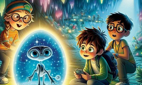 Um garoto de 12 anos, Tomás, com cabelos castanhos bagunçados e olhos brilhantes de curiosidade, está no centro da cena, maravilhado e sorridente, diante de um artefato extraterrestre que brilha com uma luz azulada. Ao seu lado, Luna, uma menina com cabelos loiros trançados e óculos redondos, observa o objeto misterioso com fascínio, segurando um pequeno aparelho eletrônico nas mãos. Igor, um garoto de cabelos negros e pele morena, se inclina para frente, com os olhos arregalados, pronto para anotar em um caderno. O cenário é uma caverna misteriosa, com paredes brilhantes de cristais coloridos e um chão coberto de musgo verde. Lianas luminosas pendem do teto, iluminando a cena com uma luz suave e mágica. Tomás e seus amigos estão descobrindo um artefato extraterrestre, emitindo sons estranhos e cativantes, enquanto estão em uma postura de admiração, prontos para desvendar o mistério deste objeto vindo de outro lugar.