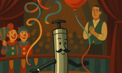 Pompel, o pompă de bicicletă antropomorfă cu corp cilindric metalic lucios, mustață trasată cu marker și expresie timida dar mândră, ține un mare balon roșu legat de o panglică lungă colorată și face o reverență; balonul lucios tremură de bucurie, panglica desenează spirale și o buclă în formă de inimă deasupra circului. În fundal, Domnul Aerobică, antrenor de respirație în vestă verde cu fluier metalic și buzunare cu paiuri, aplauză discret; doi clovni colorați cu nasuri roșii și costume dungate râd și flutură evantaie, iar un porumbel gri curios stă pe o bară în dreapta. Locație: arenă de circ rotundă cu podea din așchii aurii, chenare roșii și aurii, perdele din catifea bordo, ghirlande galben-albastre și proiectoare calde ce aruncă halouri ambré; momentul e scena centrală în care Pompel, sub un spot, salută elegant iar panglica zboară în arabescuri, publicul estompat creând o atmosferă caldă și veselă.