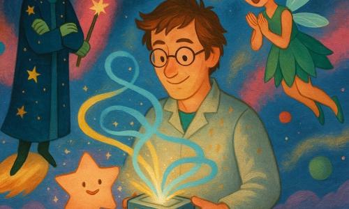 Alwyn stands center, gentle, focused, slightly smiling with messy chestnut hair and round glasses, holding a silver box device—the 