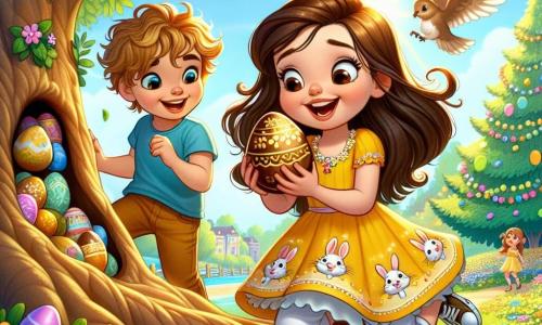 A 6-year-old girl named Lily, with long brown hair and sparkling eyes, is wearing a yellow dress adorned with little rabbits. She is crouched near a large tree, beaming with a radiant smile while holding a golden chocolate egg in her hands. Next to her, her friend Max, a 6-year-old boy with messy blonde hair and a blue t-shirt, looks in awe at the golden egg. He stands with his arms crossed, displaying an expression of excitement. The scene takes place in a sunny park filled with colorful flowers and floating balloons. A majestic tree with leafy branches stands in the center, casting a gentle shade on the ground. The main situation shows Lily and Max discovering a hidden golden egg in a small secret nook under the tree, surrounded by colorful eggs and sparkling decorations, while a cheerful little bird watches them, adding a touch of magic to this Easter scene.