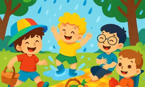 Es gibt 4 Kinder: Max, ein 4-jähriger Junge mit zerzausten braunen Haaren und einem großen bunten Hut, der ihm ins Gesicht fällt, rennt mit einem breiten Lächeln und einem Picknickkorb in der Hand. Ben, ein 4-jähriger Junge mit lockigen blonden Haaren, springt fröhlich in eine Wasserpfütze und spritzt Wasser um sich. Tobi, ein 4-jähriger Junge mit schwarzen Haaren und einer Brille, sitzt auf einer Picknickdecke, lacht herzhaft und hält sich den Bauch. Emil, ein 4-jähriger Junge mit kastanienbraunen Haaren, sitzt in einem kleinen Rollstuhl, lächelt und hält einen Apfel, umgeben von seinen Freunden. Der Ort ist ein großer, grüner Park mit majestätischen Bäumen, bunten Blumen, die im Wind tanzen, und einem blauen Himmel mit flauschigen weißen Wolken. Eine große Picknickdecke liegt auf dem Gras, mit einem Korb voller Früchte und Kuchen. Die Hauptsituation zeigt die vier Freunde, die zusammen lachen, nachdem sie im Regen gerannt und gespielt haben, Wasser spritzen und glückliche Momente teilen. Die Regentropfen funkeln in der Sonne und schaffen eine magische und fröhliche Atmosphäre.