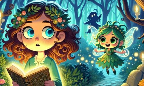 A 10-year-old girl named Lucy stands in the center of the image, her eyes shining like sapphires and her curly brown hair gently floating in the wind. She has an expression of curiosity mixed with apprehension, holding a large, ancient book with yellowed pages, surrounded by mysterious glows. To her right, a small forest spirit with sparkling wings and a mischievous smile floats in the air, looking joyful and inviting Lucy to move forward, with green hair and clothes made of leaves and flowers. In the background, the dense forest is painted in vibrant colors, with gnarled tree trunks and dancing shadows creating a magical yet slightly eerie atmosphere. Moonlight beams pierce through the foliage, illuminating the path ahead. The main scene shows Lucy, fascinated and a bit scared, ready to enter a circle of ancient stones in the center of the clearing, where silhouettes of mysterious shadows seem to watch her, as if scary tales come to life around her.